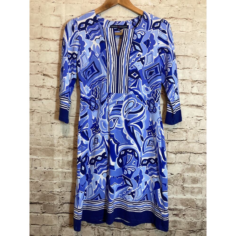 Barbara Erickson‎ Tunic Dress Womens XS Cobalt Blue Retro Print Cotton Stretch